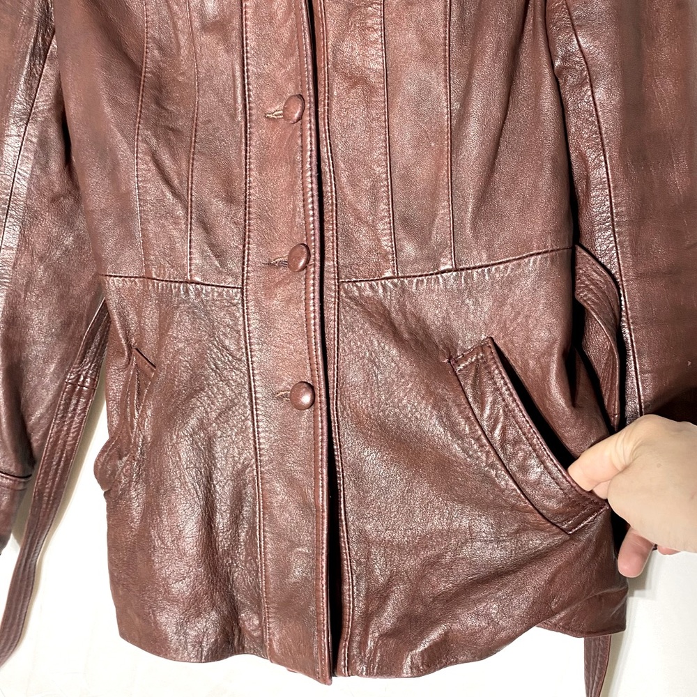 Vintage Marquis Of London Reddish Brown Belted Leather Jacket XS - Picture 8 of 16